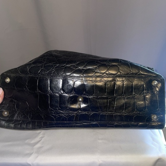 FURLA Vintage Black Tote Shoulder Bag Purse Crocodile Embossed Structured Square - Picture 3 of 13